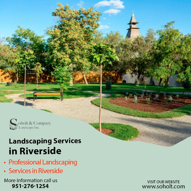 Lush landscaped park in Riverside featuring trees, decorative paths, and a wooden bench, highlighting professional landscaping services.