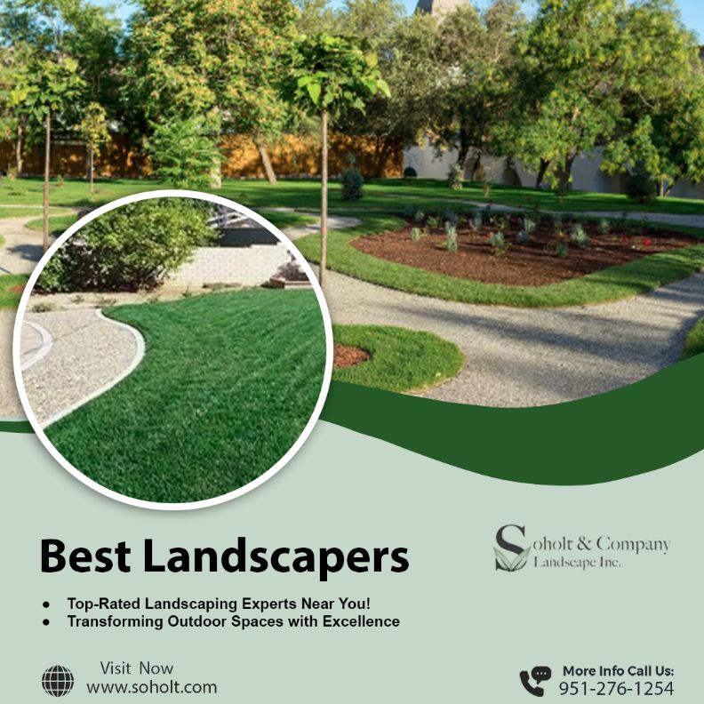 Lush green landscape featuring pathways and gardens, promoting Soholt & Company as top-rated landscapers who transform outdoor spaces.