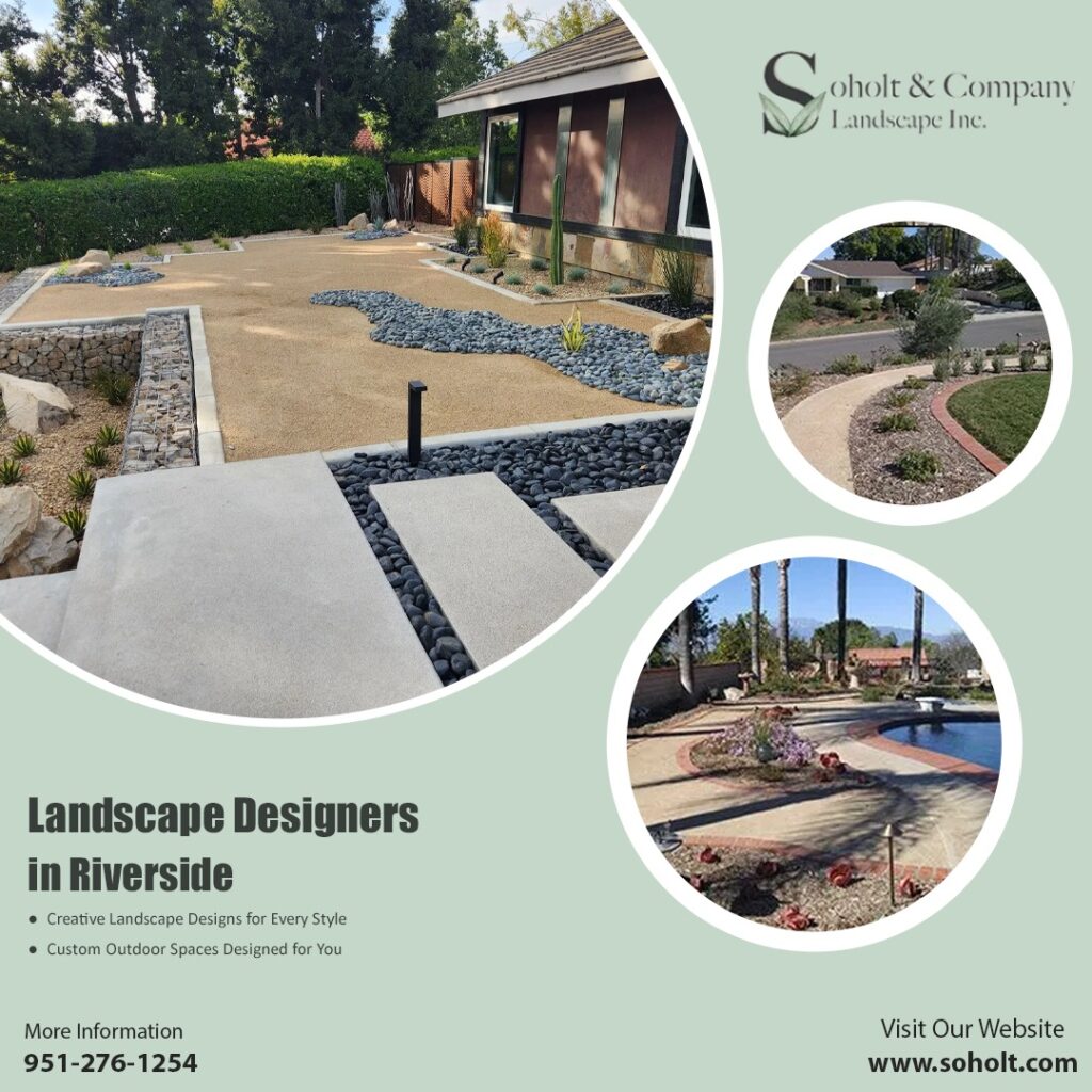 Landscaped yard featuring creative designs with gravel, rocks, and plants, showcasing Soholt & Company's landscaping services in Riverside.